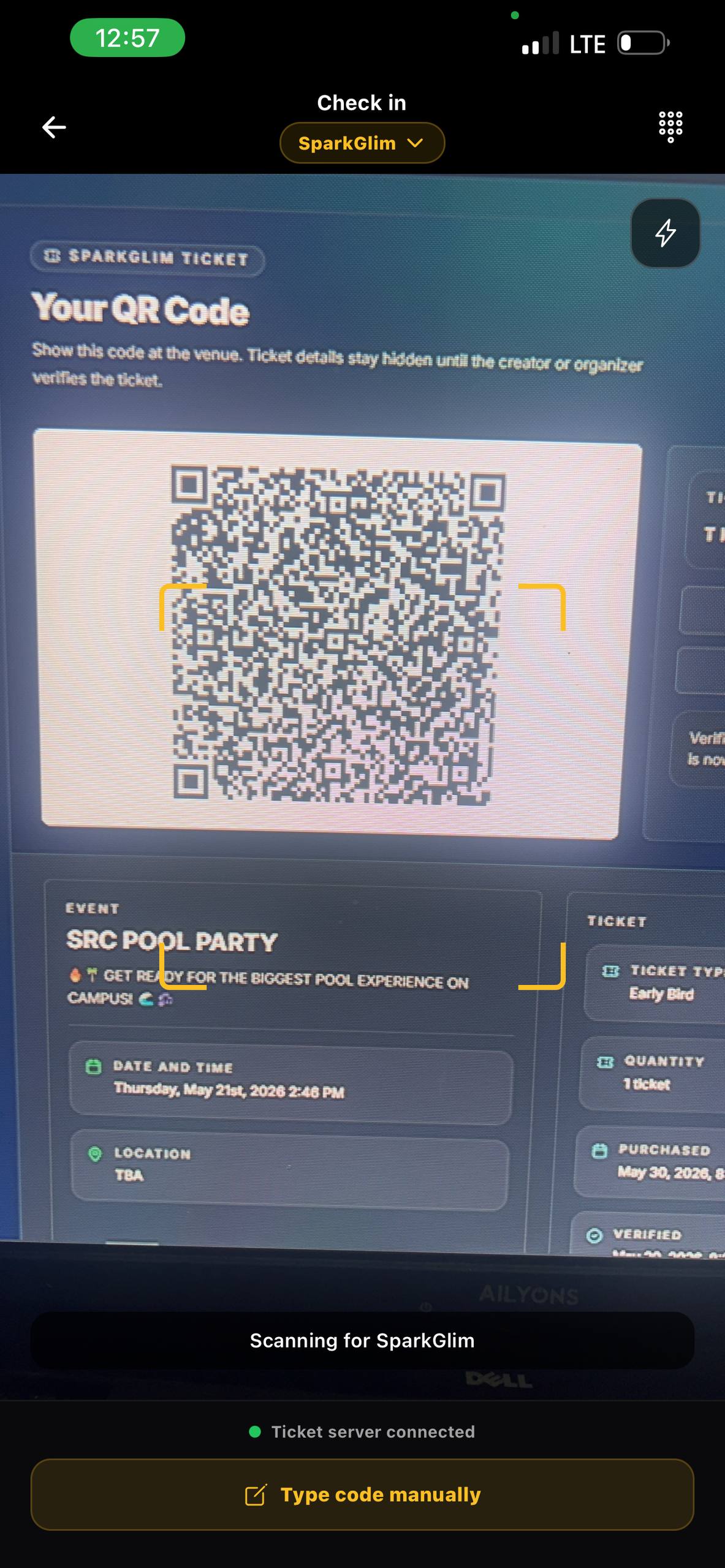 SparkGlim Creator App scanning an event QR ticket